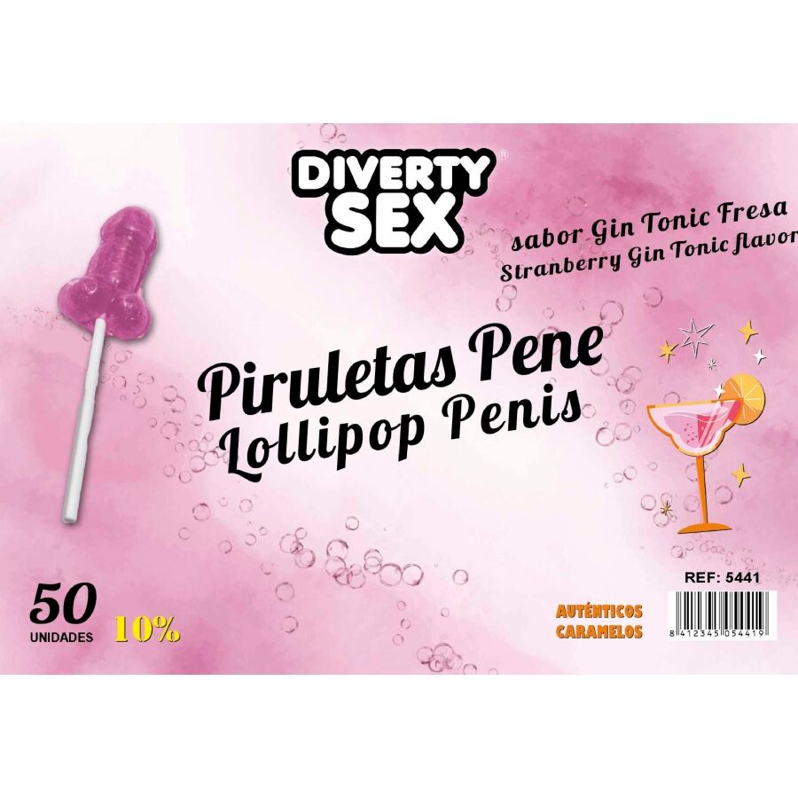 DIABLO GOLOSO - 50 LECCA-LECCA A FORMA DI PENE GIN TONIC GUSTO FRAGOLA 10% ALCOOL
