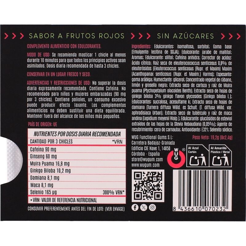 WUG Climax - Gomma da masticare funzionale con Maca, Damiana e Ginseng per aumentare il desiderio e la vitalità intima. BLIST