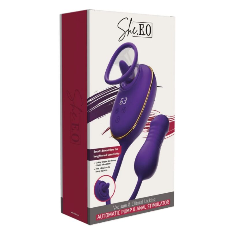 SHE.E.O - STRUMENTO DI ASPIRAZIONE CLITORIDEA CON EFFETTO LECCHIO E STIMOLATORE ANALE VIOLA