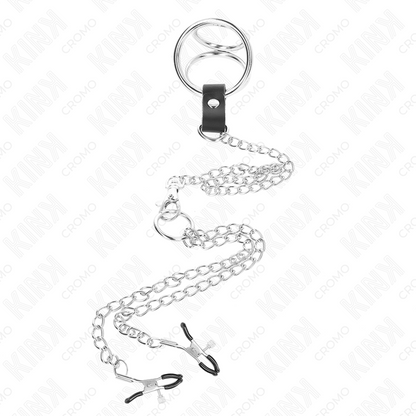 KINK - ANELLO PER PENE IN METALLO CROMATO TRIPLO DA 3,8 CM A 5 CM CON CATENA IN METALLO DA 26 CM E MORSETTI PER CAPEZZOLI MOD