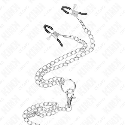 KINK - ANELLO PER PENE IN METALLO CROMATO TRIPLO DA 3,8 CM A 5 CM CON CATENA IN METALLO DA 26 CM E MORSETTI PER CAPEZZOLI MOD