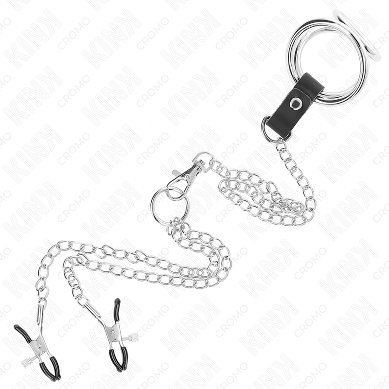 KINK - ANELLO PER PENE IN METALLO CROMATO TRIPLO DA 3,8 CM A 5 CM CON CATENA IN METALLO DA 26 CM E MORSETTI PER CAPEZZOLI MOD