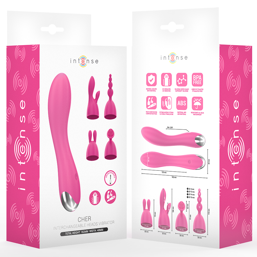 INTENSE - VIBRATORE CHER CON 20 MODALITÀ E TESTINE INTERCAMBIABILI
