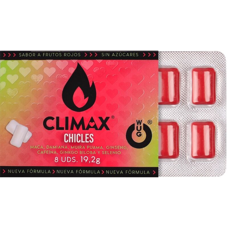 WUG Climax - Gomma da masticare funzionale con Maca, Damiana e Ginseng per aumentare il desiderio e la vitalità intima. BLIST